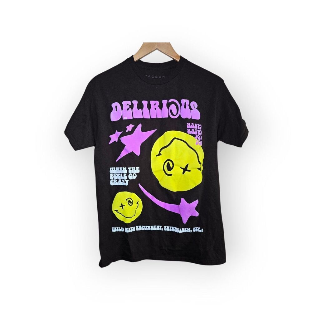 PacSun Men's Medium Delirious Graphic T-Shirt Black Puff Print Y2K Streetwear